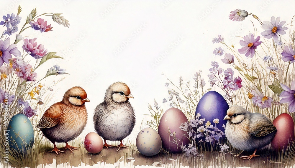 Easter background with chicks, eggs and flowers. Drawing, watercolor