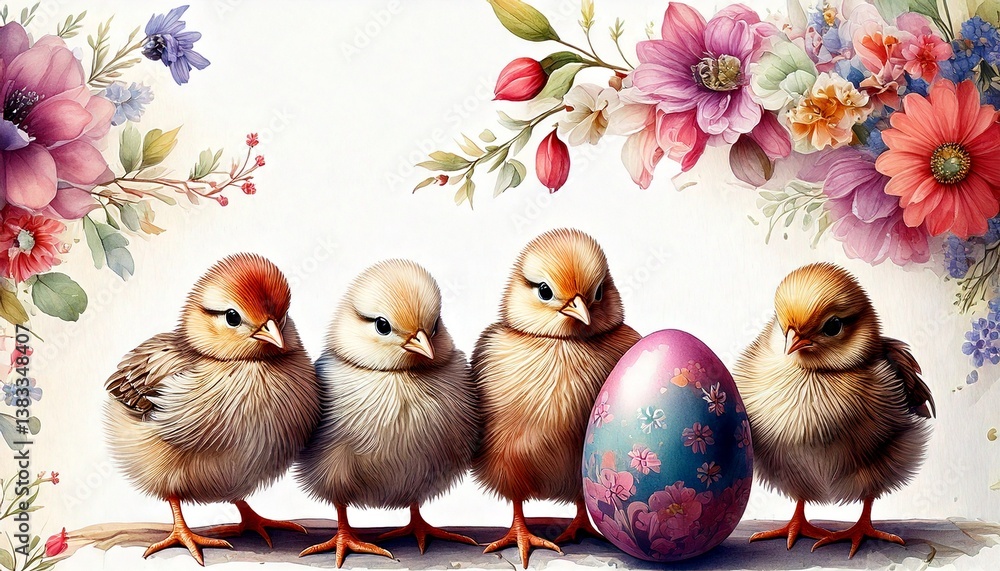 Easter background with chicks, eggs and flowers. Drawing, watercolor