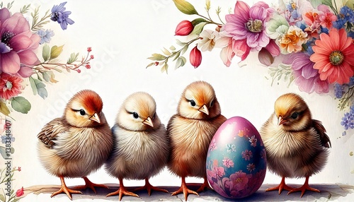 Obraz na płótnie Easter background with chicks, eggs and flowers. Drawing, watercolor w salonie