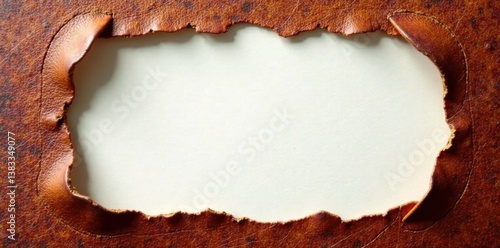 Fragmented paper edges expose worn leather binding, decay, vintage