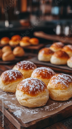 Wallpaper Mural Golden buns adorned with powdered sugar on rustic wooden board bakery delight culinary art food photography Torontodigital.ca