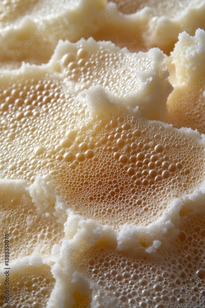 Fototapeta premium Creamy foam texture close up with delicate bubbles creating a soft and airy visual experience in macro photography