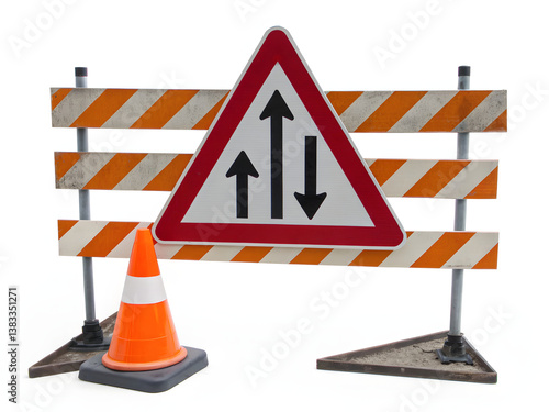 Realistic 3d traffic signs with road barrier isolated on white background for road safety signs road warning isolated traffic