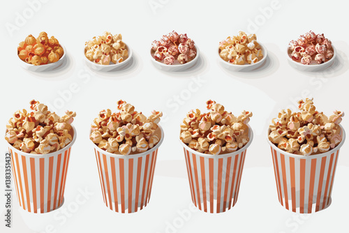 Realistic popcorn icons set with full and empty cardboard packs and buckets isolated vector illustration