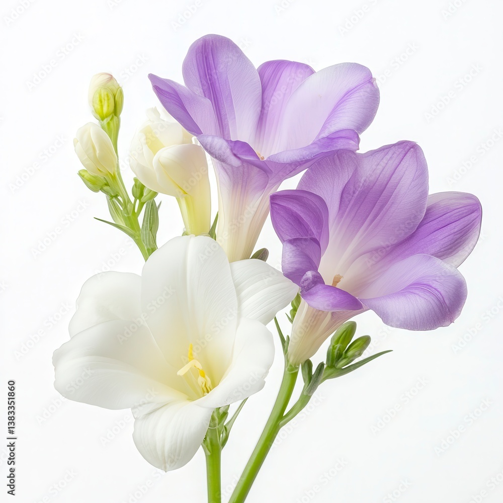 Naklejka premium Elegant Arrangement of White and Purple Freesia Flowers on White Background
