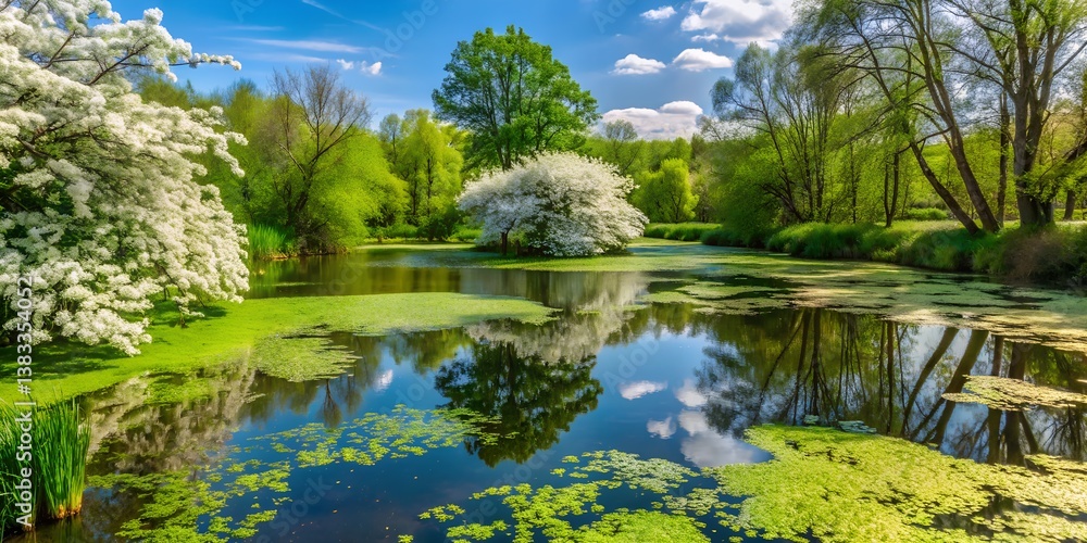 A tranquil pond with floating duckweed and blooming water hawthorn. A tranquil pond with floating duckweed and blooming water hawthorn.