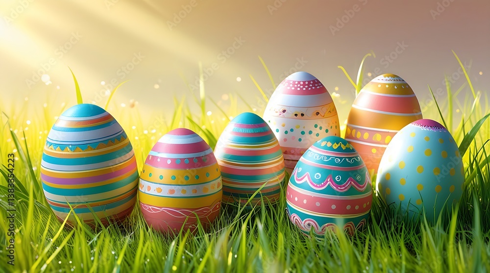 painted easter eggs celebrating a Happy Easter with a calm sunlight and warm colour and green meadow grass