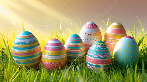 Obraz na płótnie painted easter eggs celebrating a Happy Easter with a calm sunlight and warm colour and green meadow grass w salonie