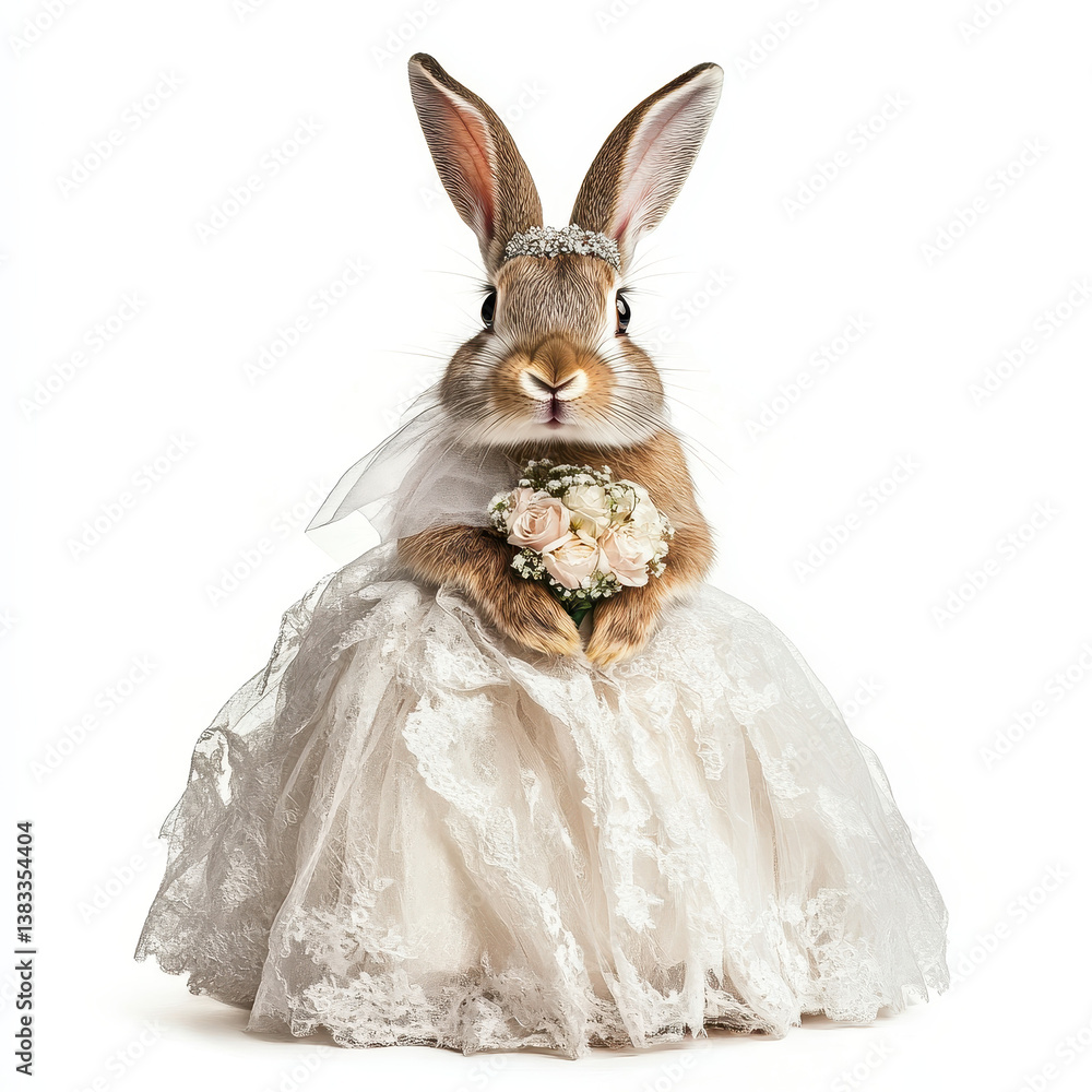Obraz premium Bridal Bunny: A charming bunny rabbit adorned in a wedding dress, complete with a veil and holding a bouquet of flowers.
