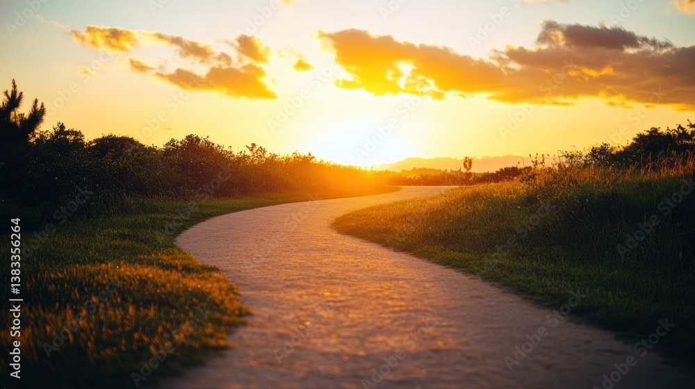 Fototapeta premium Winding path through grassy field at sunset.