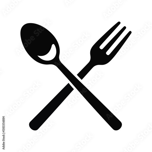 Black silhouette of crossed spoon and fork icon on white background representing food, dining, or restaurant concept