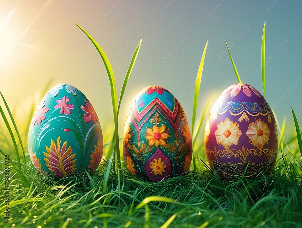 painted easter eggs celebrating a Happy Easter with a calm sunlight and warm colour and green meadow grass