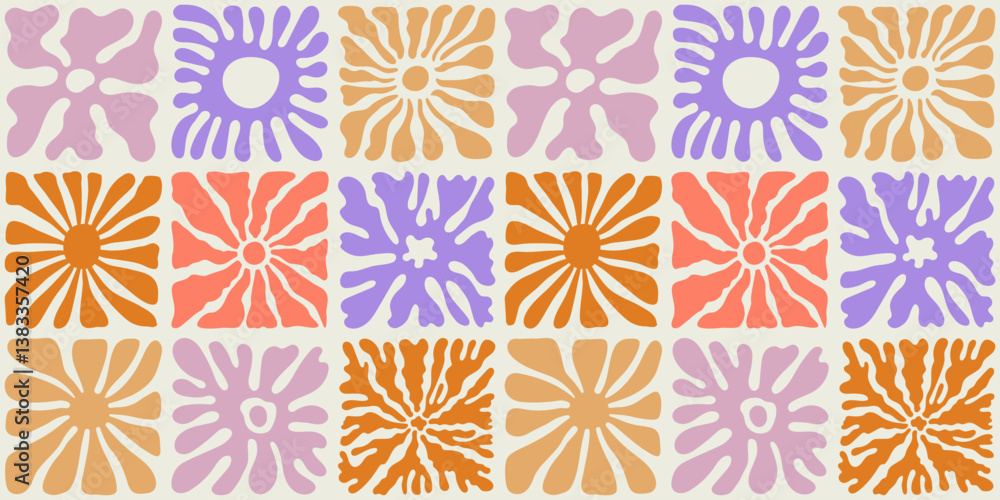 Fototapeta premium Vector seamless pattern in simple floral wavy and groovy naive style, ocean and vacation theme, flowers and plants, floral botanic hand drawn design templates, modern art prints, surface design