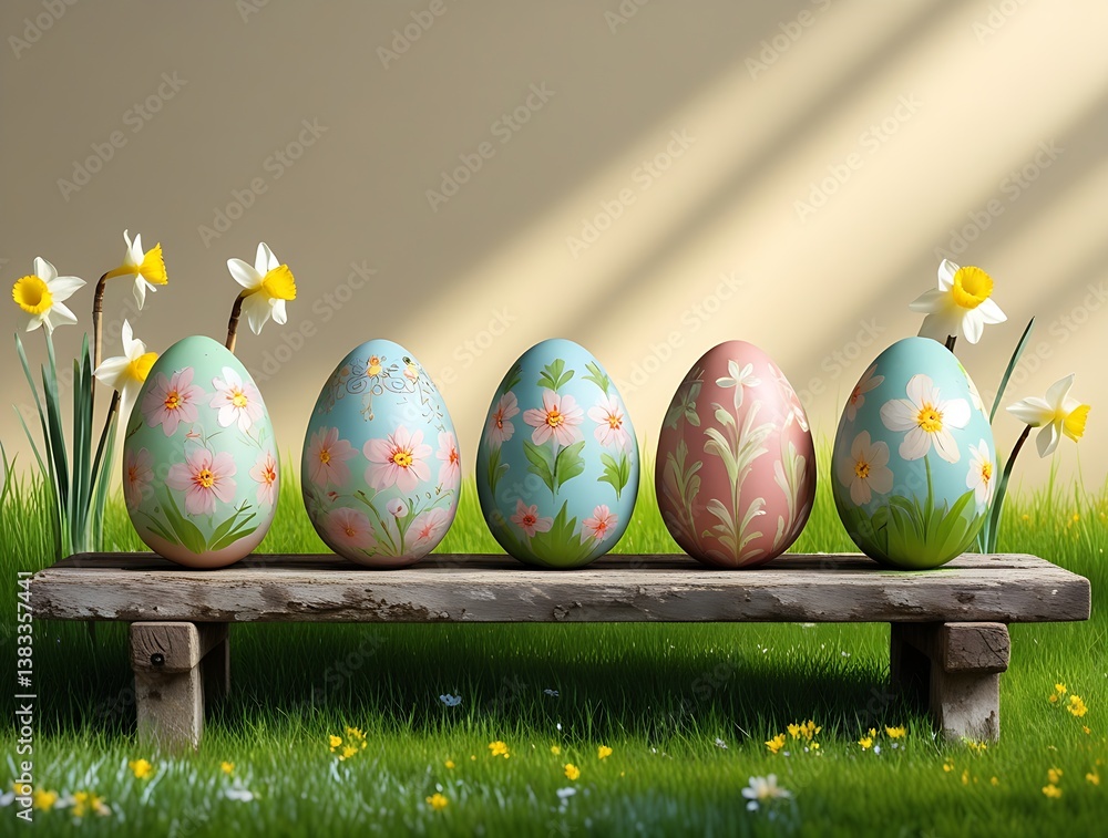 painted easter eggs celebrating a Happy Easter with a calm sunlight and warm colour and rustic wooden bench