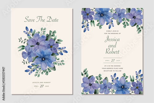 wedding invitation card with purple blue floral watercolor background