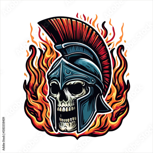 Vector Illustration of Skull head wear Spartan helmet with flame fire outside