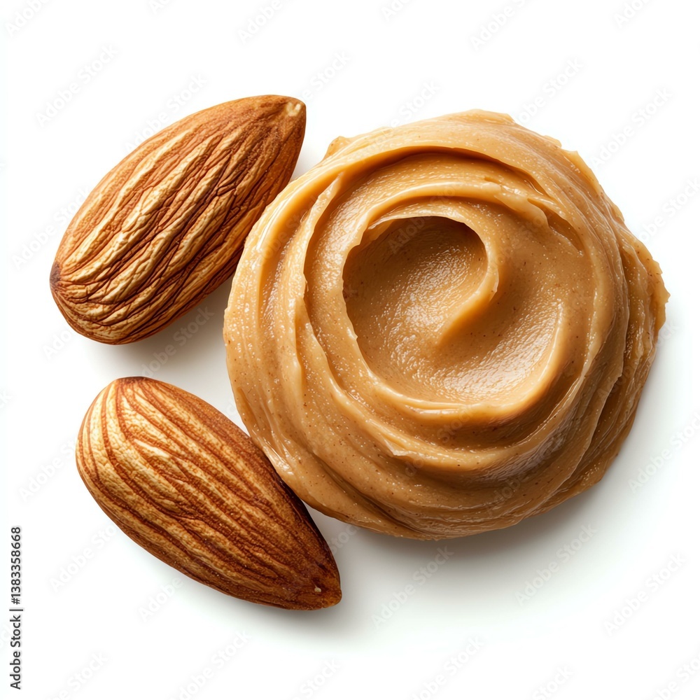 Fototapeta premium Creamy almond butter with whole almonds on a white background.