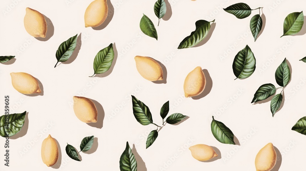 Flat lay of lemons and leaves on beige background. Flat lay of lemons and leaves on beige background.