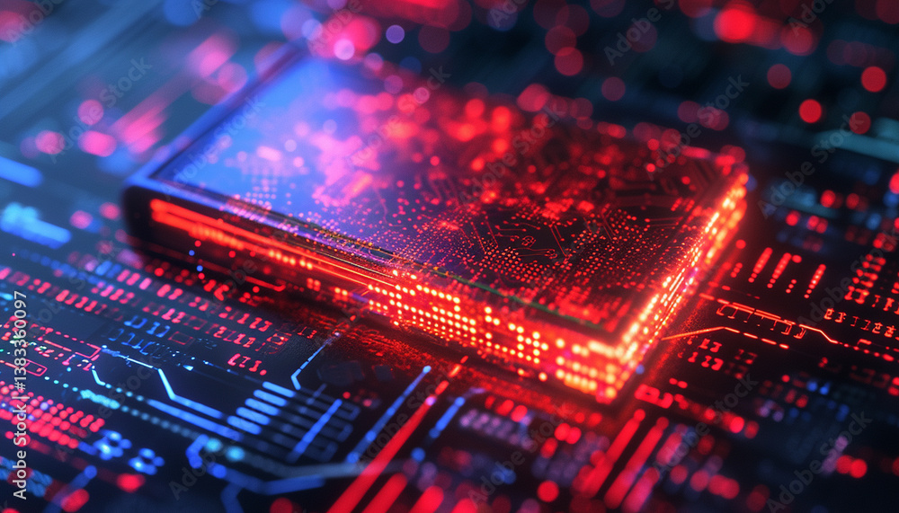 Cybernetic Core: Red-Blue Glowing Microchip on Circuit Board Cybernetic Core: Red-Blue Glowing Microchip on Circuit Board