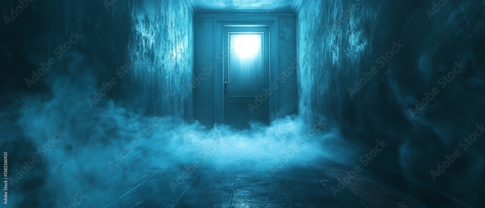 A brightly lit doorway stands ajar at the end of a darkened corridor. Eerie fog swirls around the floor, creating a mystical atmosphere in a quiet, haunting setting