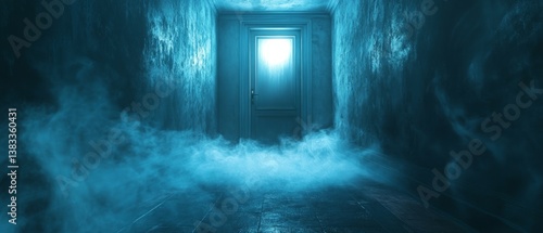 Obraz na płótnie A brightly lit doorway stands ajar at the end of a darkened corridor. Eerie fog swirls around the floor, creating a mystical atmosphere in a quiet, haunting setting w salonie
