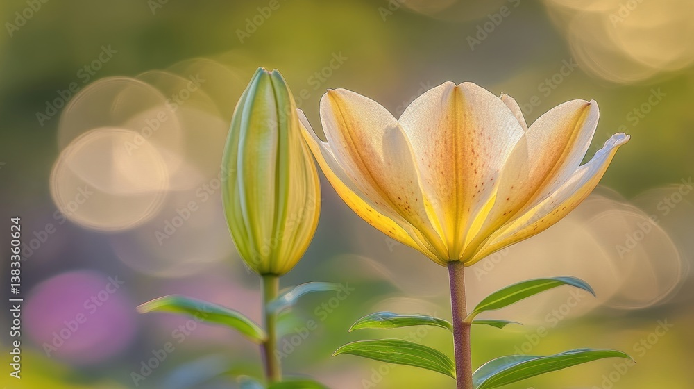 Obraz premium Close-up of a blossomed and an unblossomed pale yellow lily against a bokeh background.