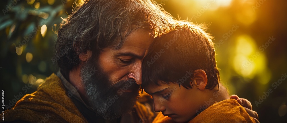 Father embracing his son, Bible story of the prodigal son.