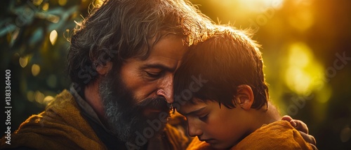 Obraz na płótnie Father embracing his son, Bible story of the prodigal son. w salonie
