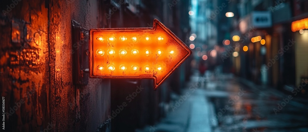 A glowing orange sign with a downward arrow. The sign is lit up and he is a neon sign