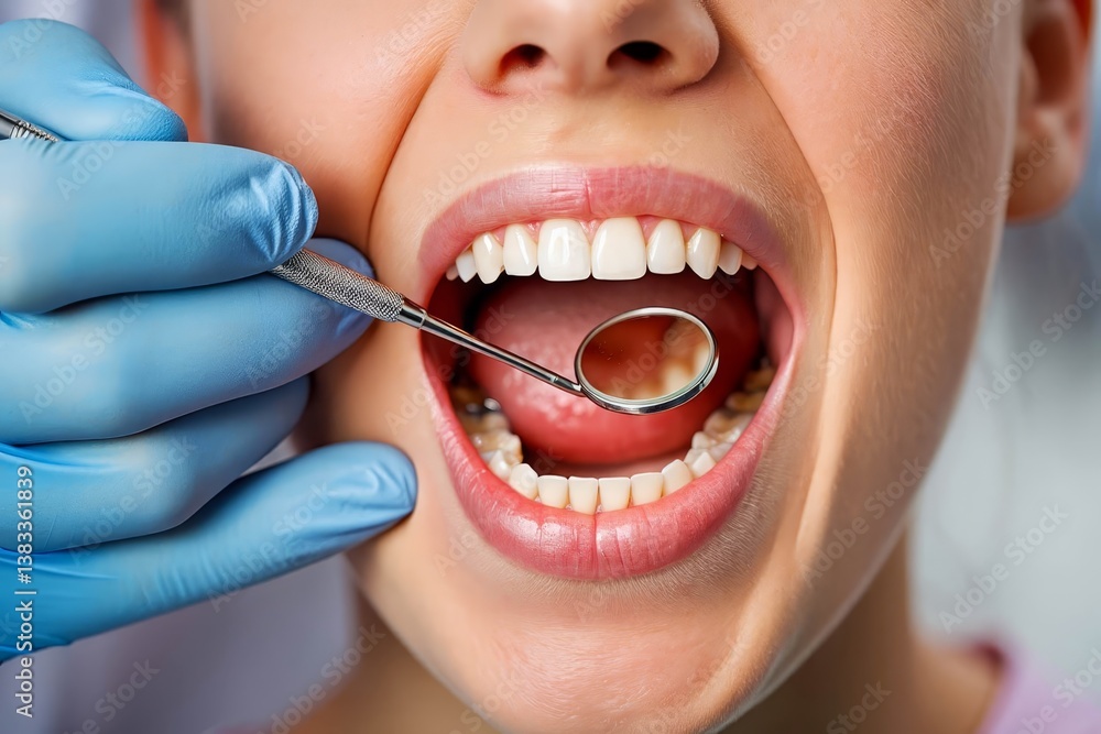 Fototapeta premium Dentist examining woman's teeth on light background, closeup.