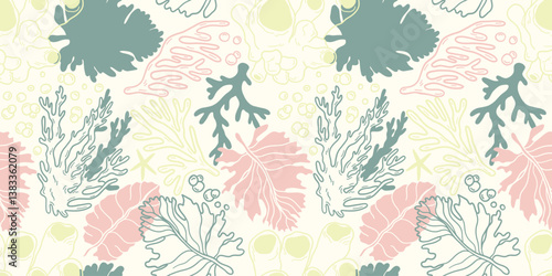 Seamless pattern of corals and shells. Sea coral reef polyps and algae, tropical ocean, underwater wildlife and marine flora, textile or wallpaper background design.