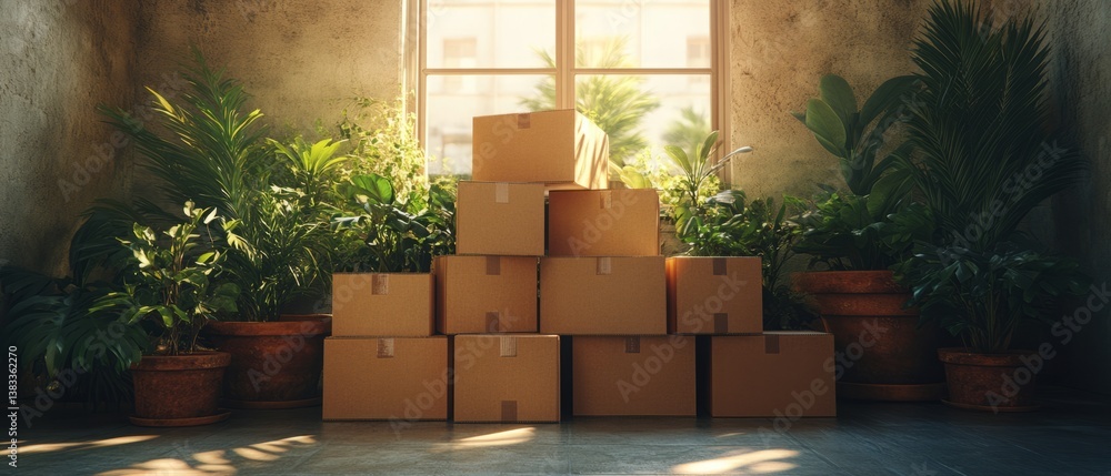 Cardboard boxes ready for moving. Stacked filled cardboard boxes in the middle of the room