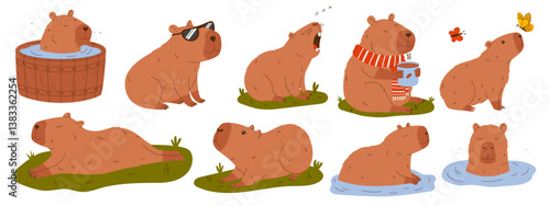 Cute capybaras in various poses. Set of rodent characters swimming in pond, relaxing, walking, sleeping, drinking coffee. Hand drawn vector illustration.