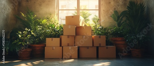 Cardboard boxes ready for moving. Stacked filled cardboard boxes in the middle of the room
