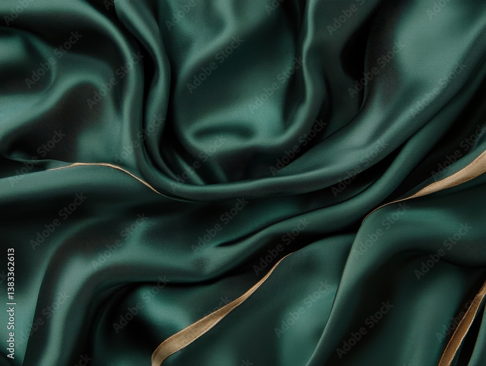 Fototapeta premium Luxurious Dark Green Silk Fabric with Golden Trim Elegant Texture Rich Draping Sophisticated Design Smooth Surface Abstract Background Fashionable