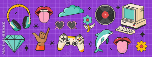 Pixel art retro y2k elements icon set in 8 bit style. Retro 80s,90s video game graphics. Headphones, lips, cloud, vinyl record, old computer