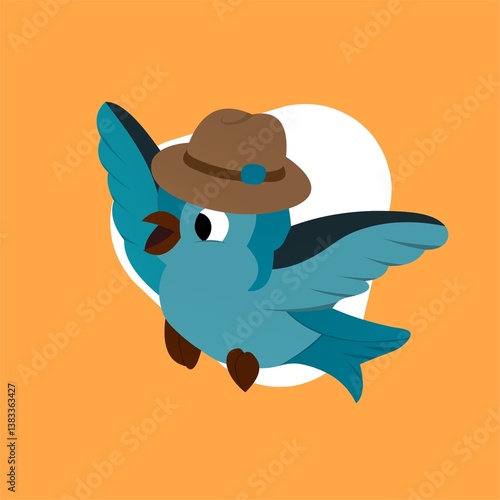 Blue Bird Wearing a Hat Cartoon, Cute Funny Character, Flat Design