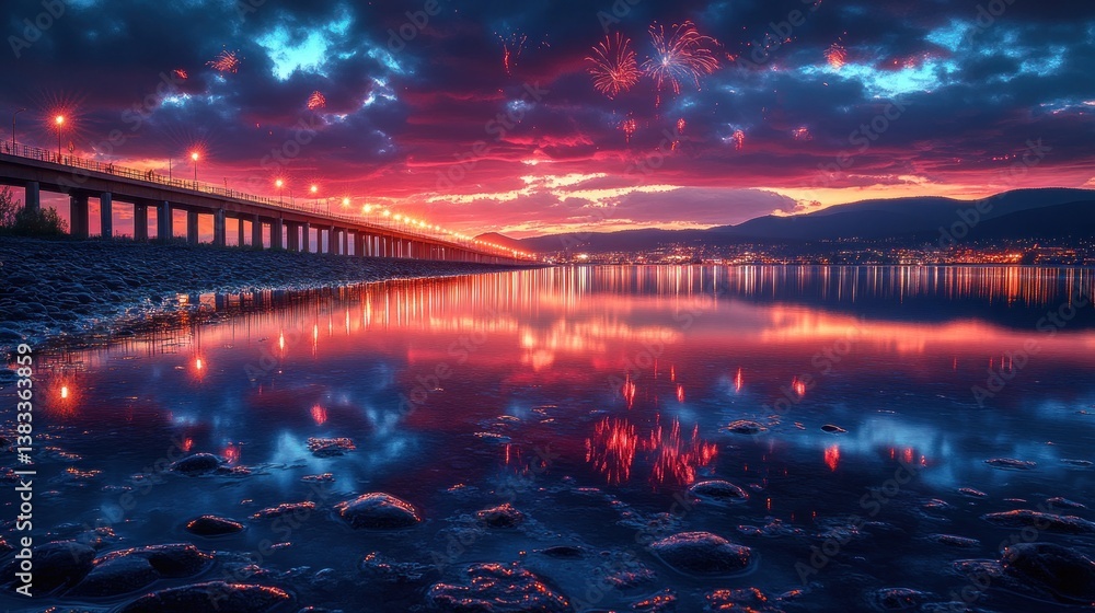 Obraz premium Vibrant sunset fireworks reflected in calm water with bridge and city skyline.