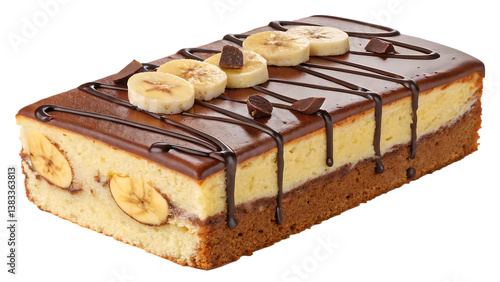Chocolate Banana Cake Slice – Delicious Dessert with Banana Topping PNG Isolated on Transparent Background