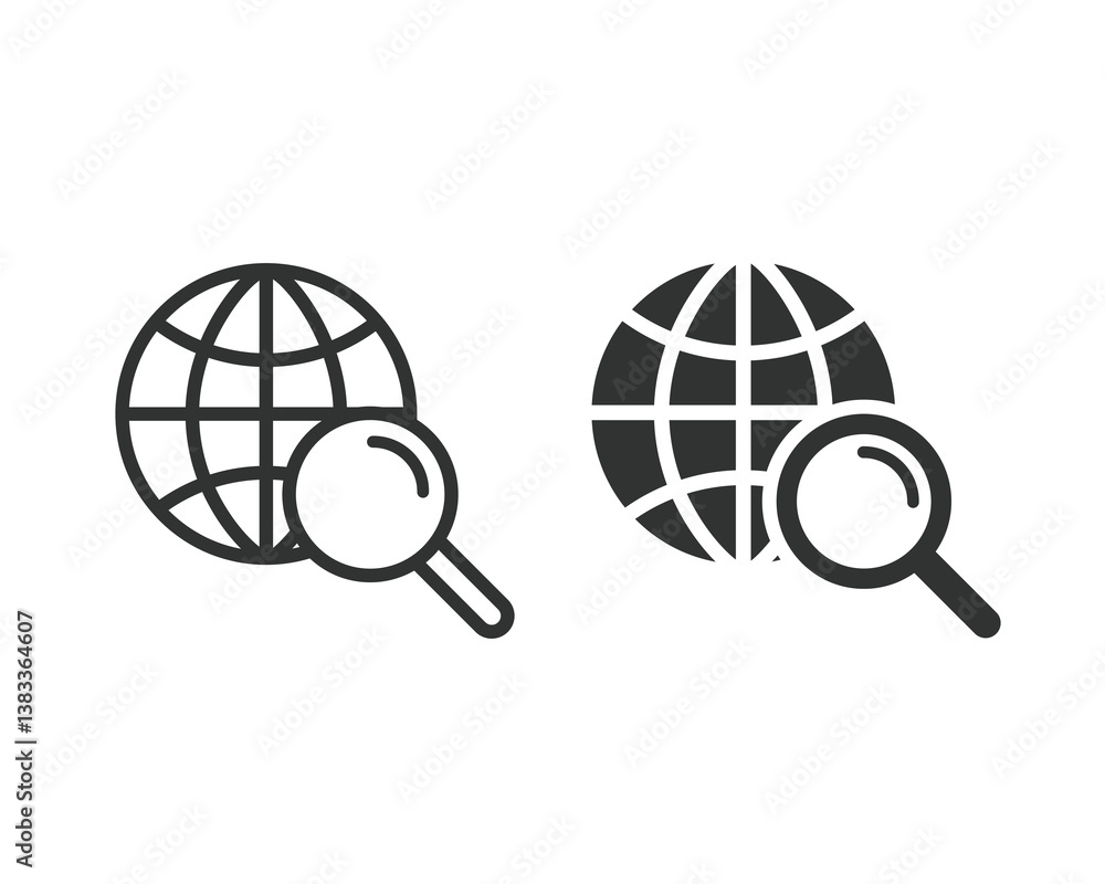 Search web icon set. Global search icon. World earth and magnifying glass icon Search web icon set. Global search icon. World earth and magnifying glass icon