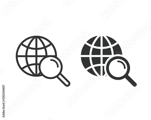 Search web icon set. Global search icon. World earth and magnifying glass icon