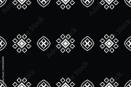 Fabric pattern traditional ethnic motif ikat geometric cross stitch.Ikat embroidery Ethnic oriental Pixel black label background. Abstract,vector,illustration. Texture,decoration,wallpaper.