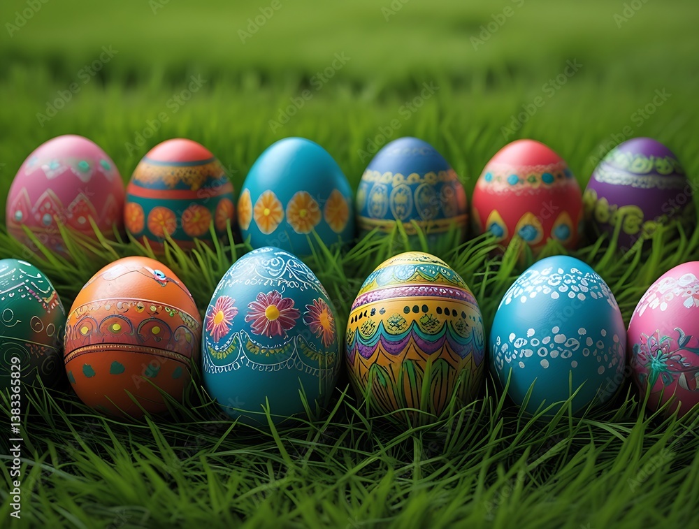 painted easter eggs celebrating a Happy Easter with a calm sunlight and warm colour and green meadow grass painted easter eggs celebrating a Happy Easter with a calm sunlight and warm colour and green meadow grass