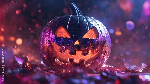 Disco pumpkin glowing on halloween night with confetti