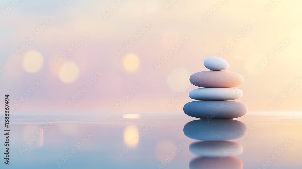 Obraz premium Image of smooth river stones and lotus flower forming a composition of harmony and balance. Composition stands on the surface of the water with a slight reflection, bokeh effect background, copy space