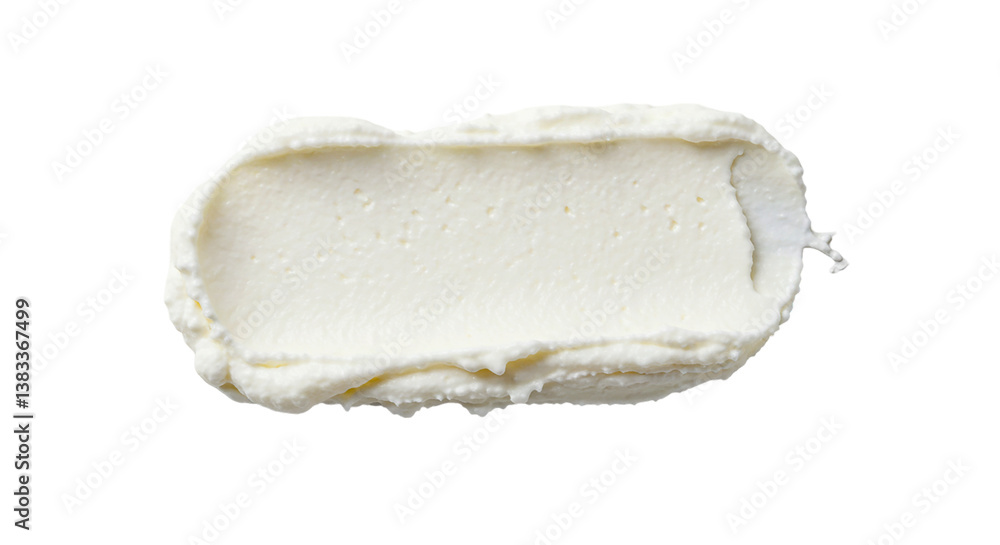 Close up view of a rectangular smear of white cream cheese against a solid black background space filling Close up view of a rectangular smear of white cream cheese against a solid black background space filling
