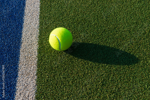 Close-up of tennis ball on blue/green synthetic court.