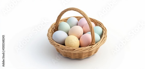 Wallpaper Mural  A detailed and engaging 3D isometric illustration of a basket holding pastel colored eggs against a light white backdrop. Torontodigital.ca