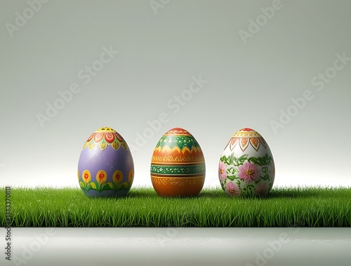 painted easter eggs celebrating a Happy Easter with white background and green meadow grass