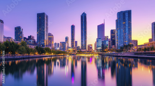 Stunning city skyline at sunset with reflections on water